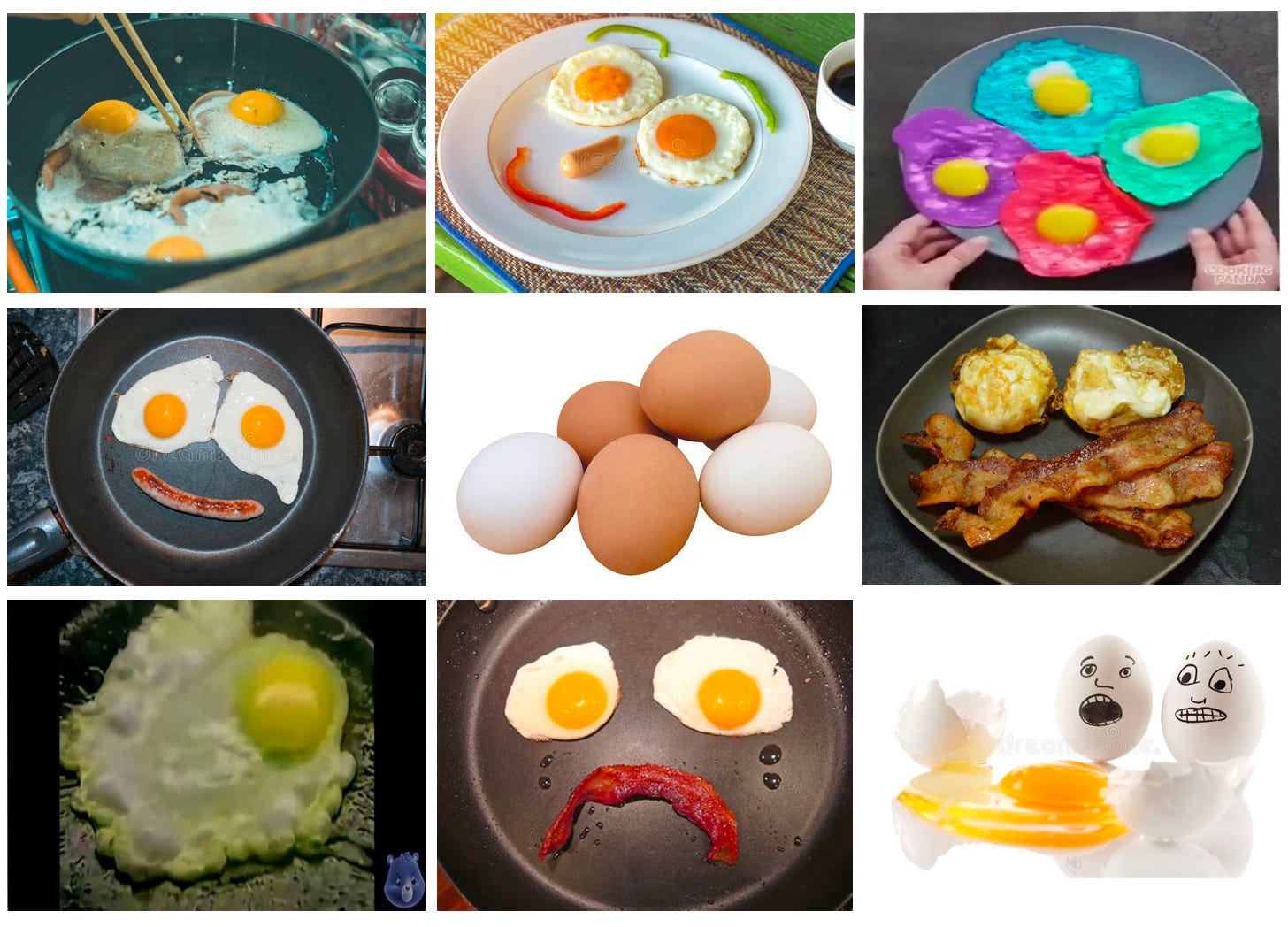 Collage of fried eggs looking happy, sad, colorful, chaotic, etc.