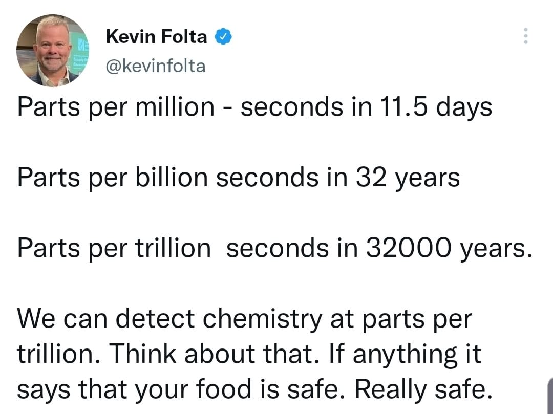 May be a Twitter screenshot of 1 person and text that says 'Kevin Folta @kevinfolta Parts per million seconds in 11.5 days Parts per billion seconds in 32 years Parts per trillion seconds in 32000 years. We can detect chemistry at parts per trillion. Think about that. If anything it says that your food is safe. Really safe.'