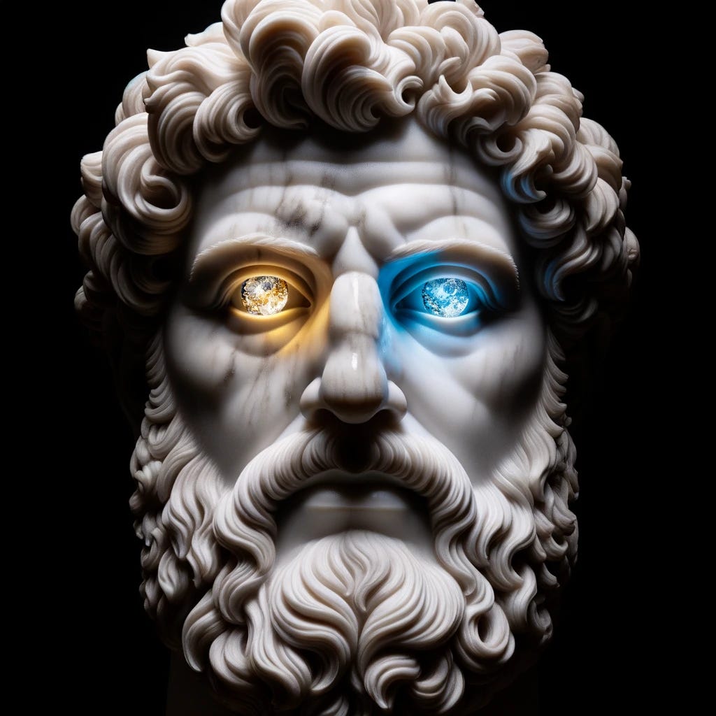 A statue of Marcus Aurelius made from white marble, set against a black background. The eyes of the statue are glowing, one with a yellow light and the other with a blue crystal orb, creating a stark contrast with the black background and white marble. The statue is intricately detailed, capturing the historical essence and grandeur of the Roman Emperor.