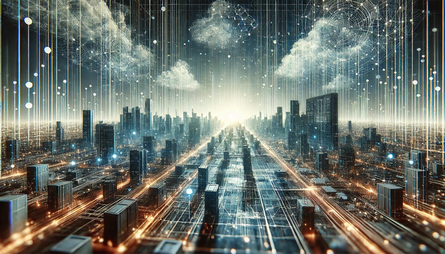 Photorealistic digital grid landscape symbolizing backend infrastructure with moody, atmospheric lighting. 