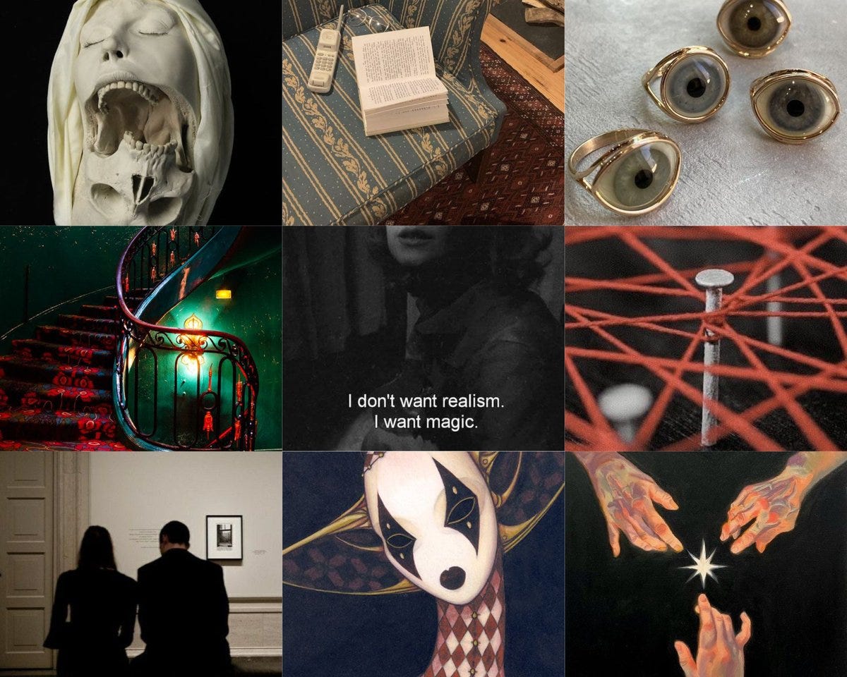 A nine-squared moodboard with twisted skulls, eye rings, and a quote in the center saying, "I don't want realism. I want magic."