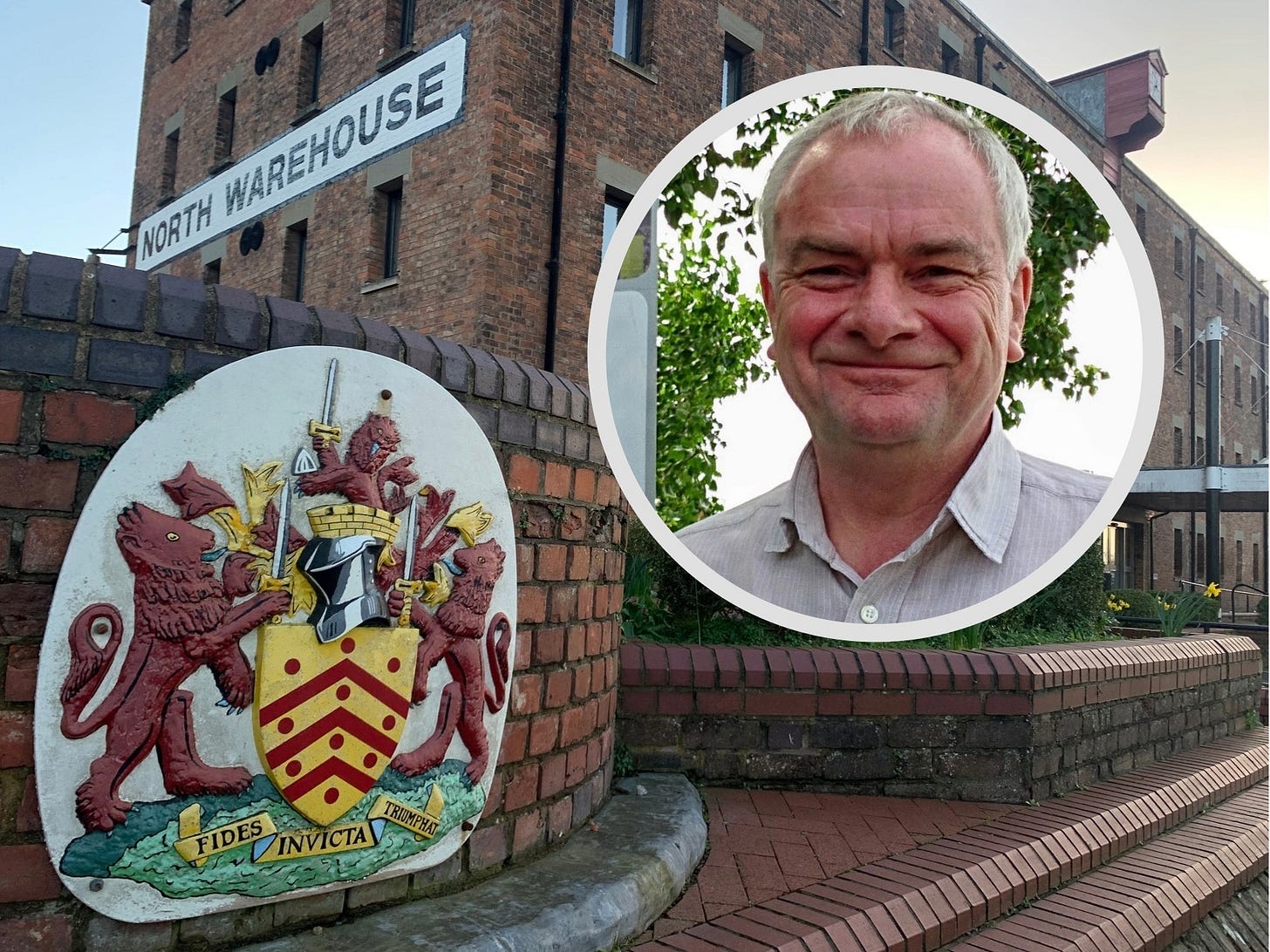 The picture shows Gloucester City Council's North Warehouse with an inset picture of council leader Jeremy Hilton