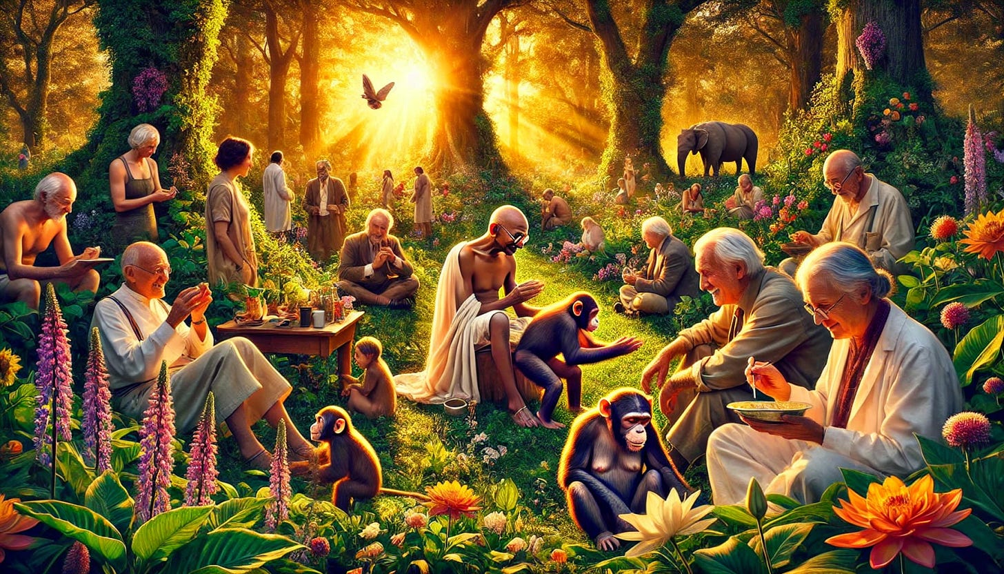 A surreal, luminous scene set in a gorgeous arboretum filled with lush greenery, vibrant flowers, and towering trees. Famous figures are experiencing small, profound pleasures among a gathering of botanists. Gandhi is sitting peacefully, savoring a simple meal, the steam from his bowl curling into the shape of a dove. Martin Luther King Jr. is enjoying the laughter of children playing around him, his expression reflecting deep joy. Jane Goodall is gently interacting with a chimpanzee, their hands meeting in an almost spiritual moment of connection. Surrounding them, botanists are examining plants, sketching flowers, and discussing nature with deep appreciation. The golden sunlight filters through the trees, creating a dreamlike, serene atmosphere.