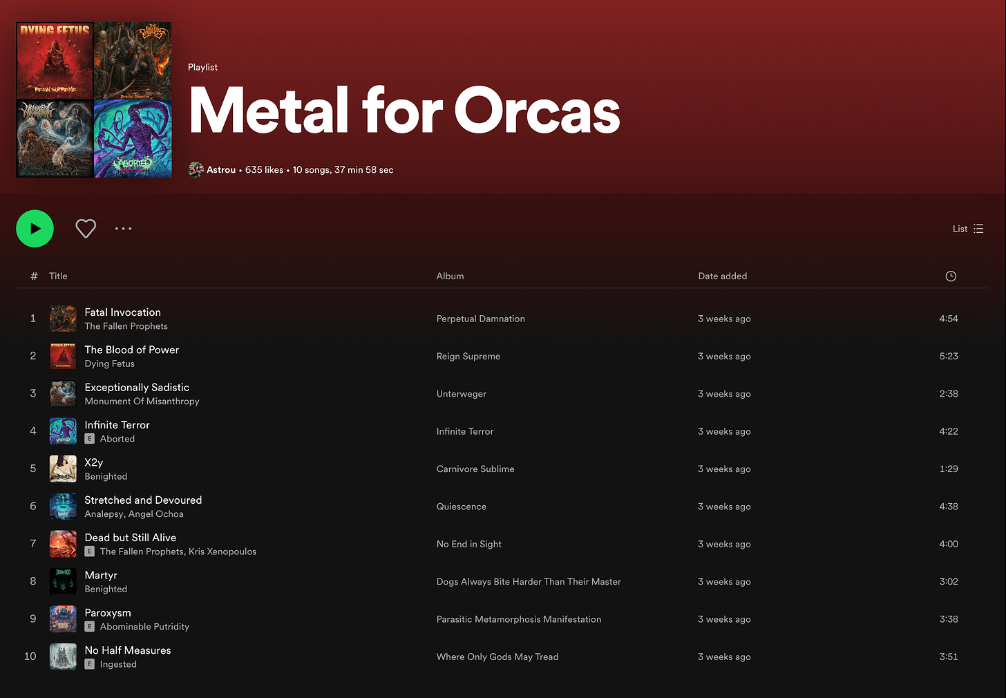 Screen shot of the "Metal for Orcas" playlist on Spotify