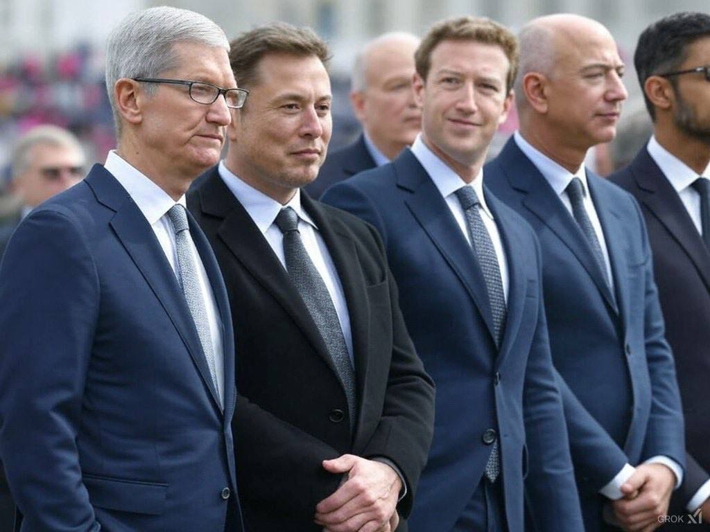 An AI-generated image depicting tech leaders Mark Zuckerberg, Elon Musk, Jeff Bezos, Sundar Pichai, and Tim Cook standing in row at what appears to be Trump’s inauguration. All are dressed in suits, with Zuckerberg sporting is older classic short haircut. 