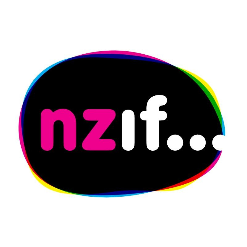 NZIF logo - pink and white letters on a black oval with fluro colours on the edges