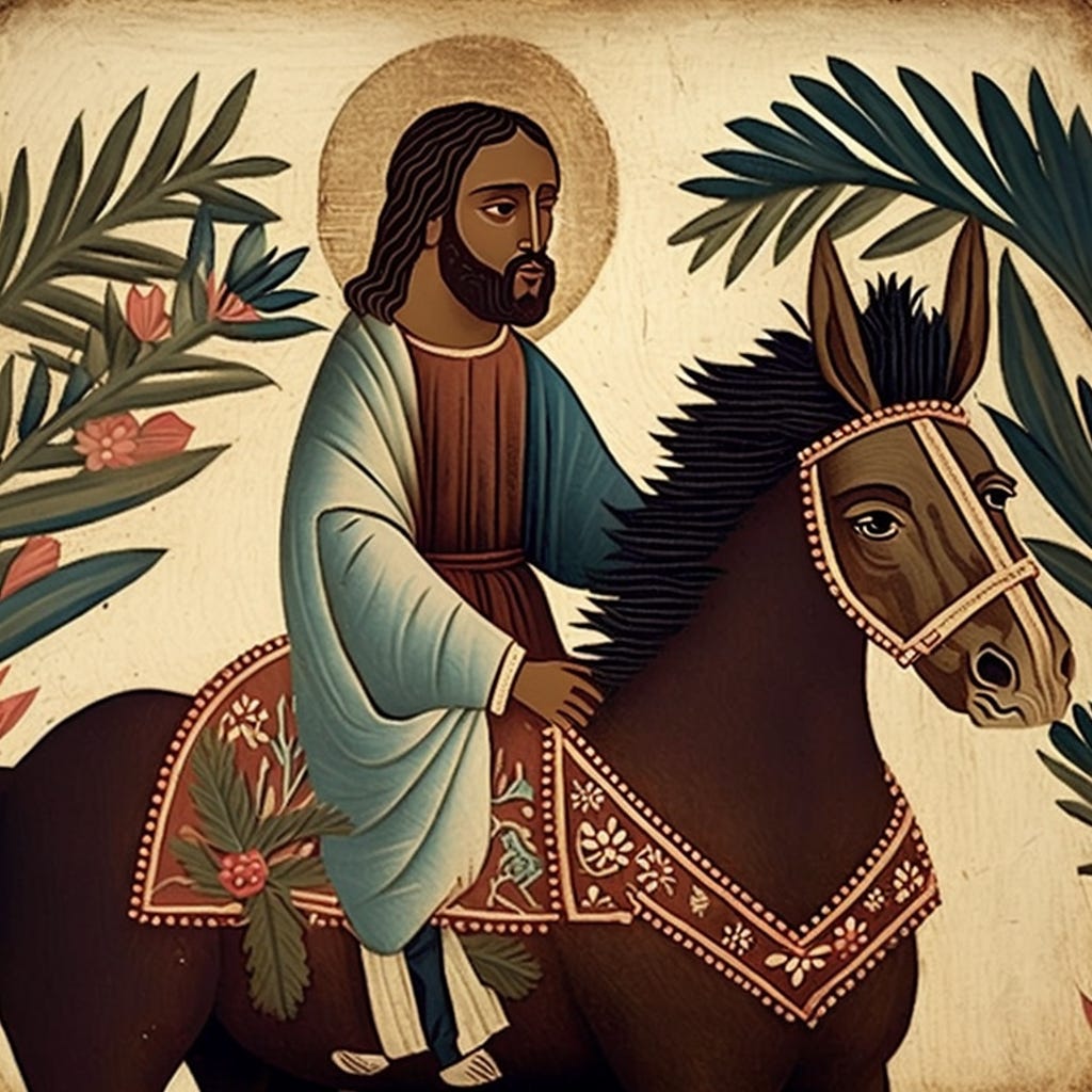An illustration of Jesus on the back of a donkey with palms surrounding him.