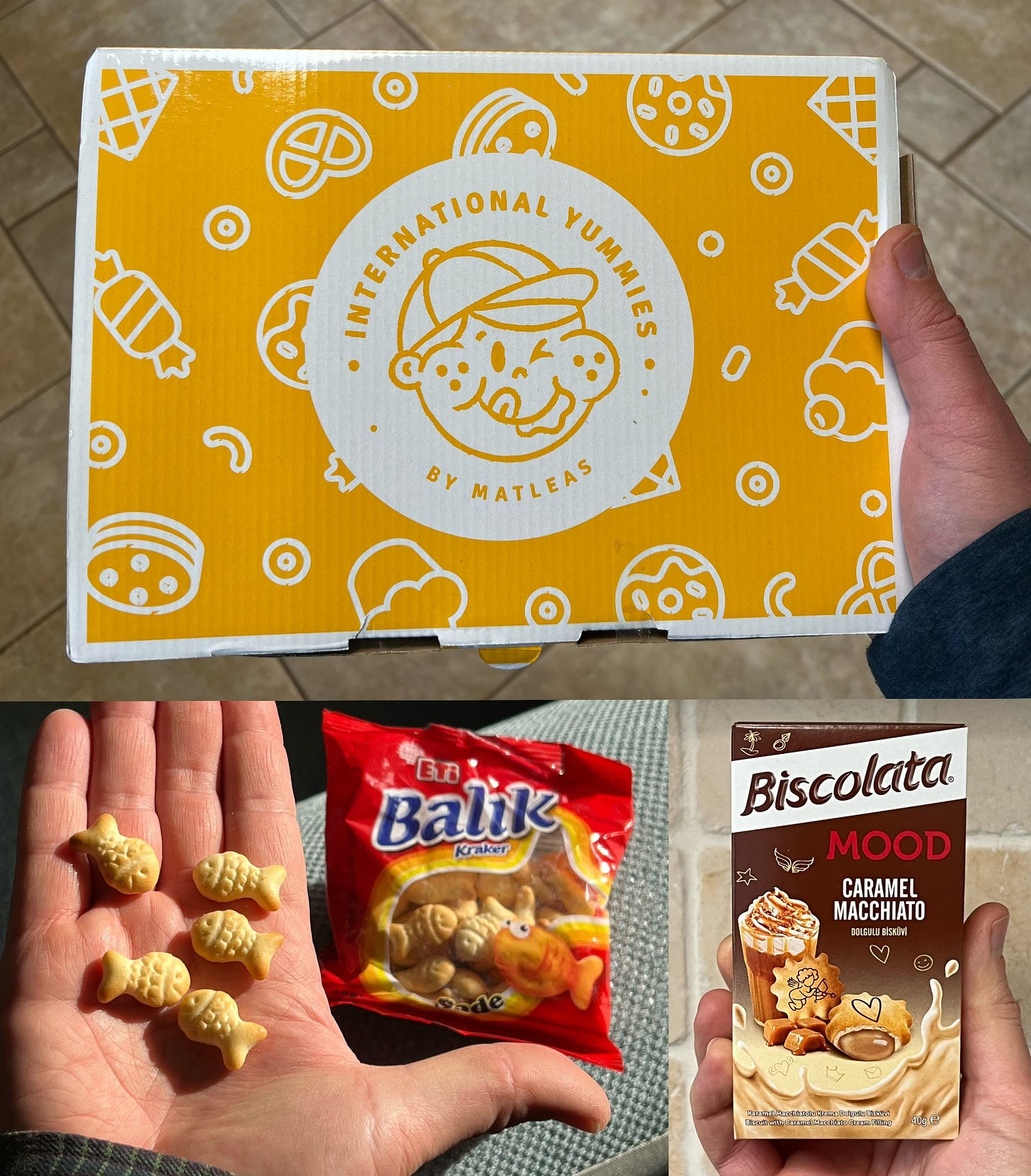 A box that says international Yummies on it. Below it are photos or two snacks.