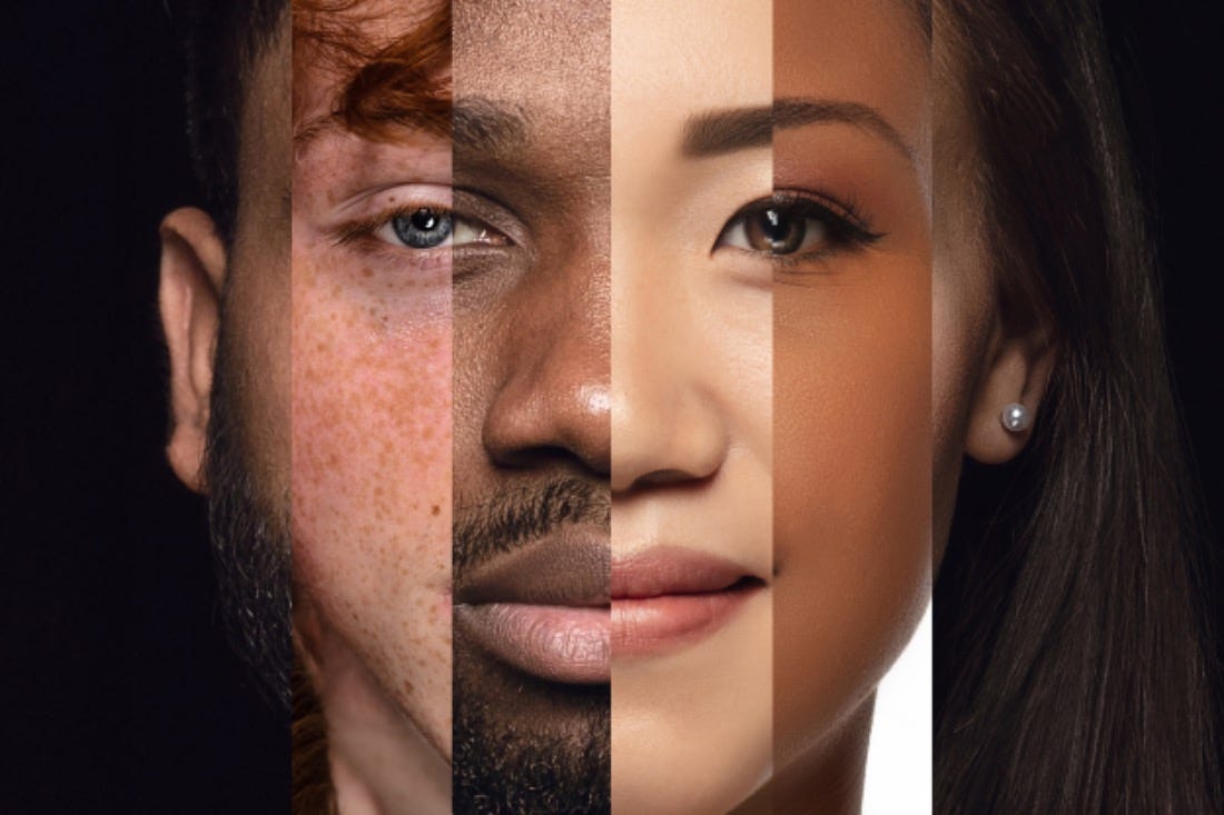 Human face made from different portraits of men and women of diverse age and race