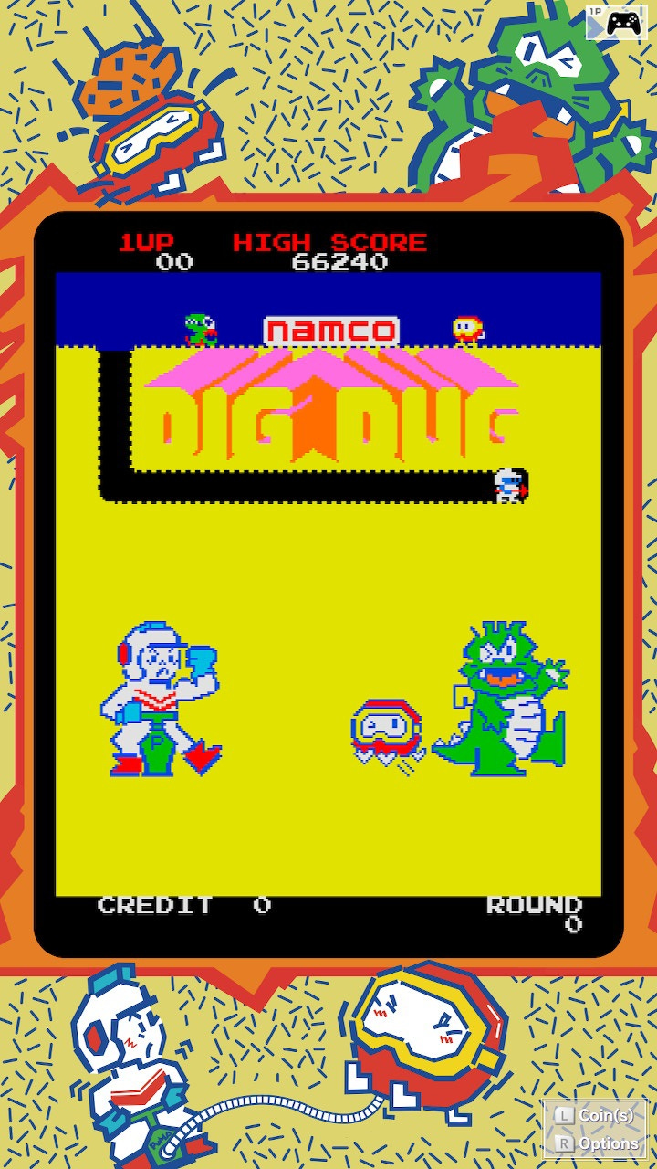 A screenshot from the Switch version of Namco Museum, with Dig Dug played in a vertical orientation. The border is full of game art featuring the enemies in various states of action, while the title screen has the game's logo, in-game sprites, and character artwork.