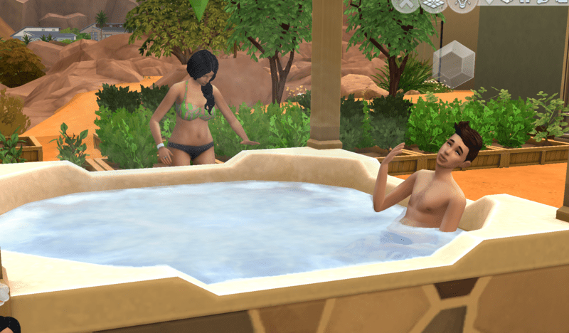 Screenshot of two Sims in a hot tub.