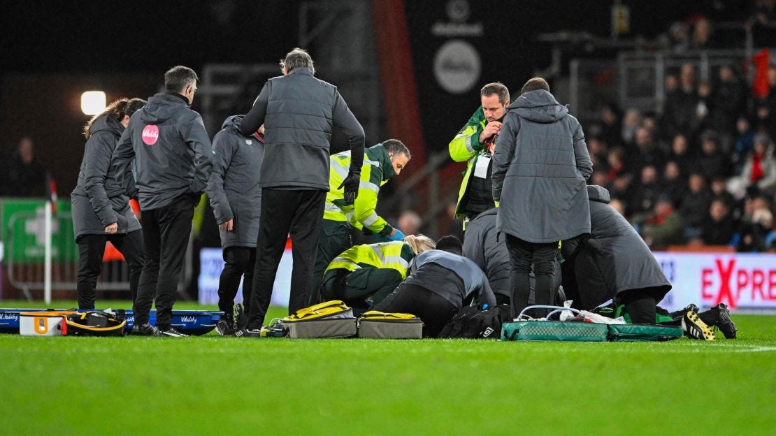Medics treat Tom Lockyer of Luton Town during the Premier League match at the Vitality Stadium, Bournemouth 16/12/2023