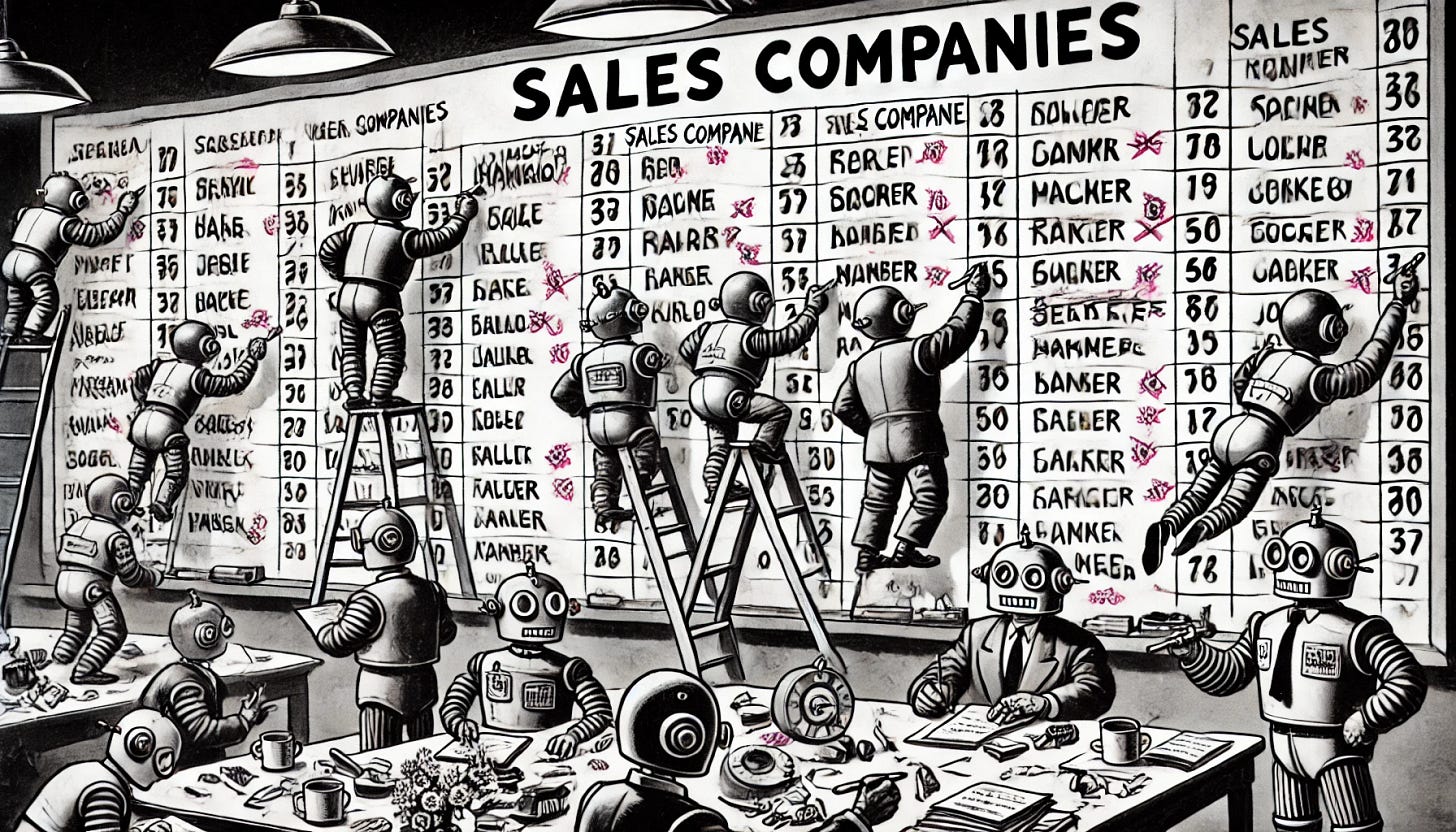 A black and white cartoon-style illustration showing a chaotic scene of robots scoring various sales companies on a whiteboard using brackets. The whiteboard is filled with names of different sales companies and bracketed scores, while the robots are frantically writing, pointing, and discussing. Some robots are climbing over each other, others are jotting down notes or adjusting scores with exaggerated gestures. The scene is lively, with a retro, animated feel and an exaggerated cartoonish style that emphasizes the excitement and chaos of the scoring process.