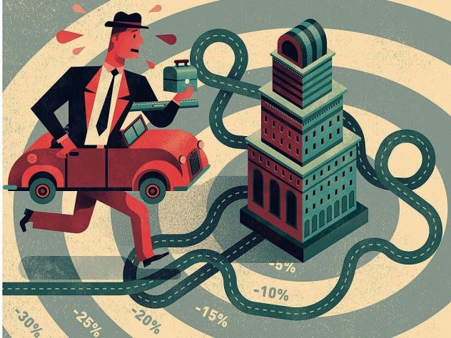 An illustration of a stressed-looking man, running toward an office building, along a road that snakes around in knots. He is carrying a ruler and a box and he is wearing a car like a belt with his legs coming out of the bottom of the chassis.