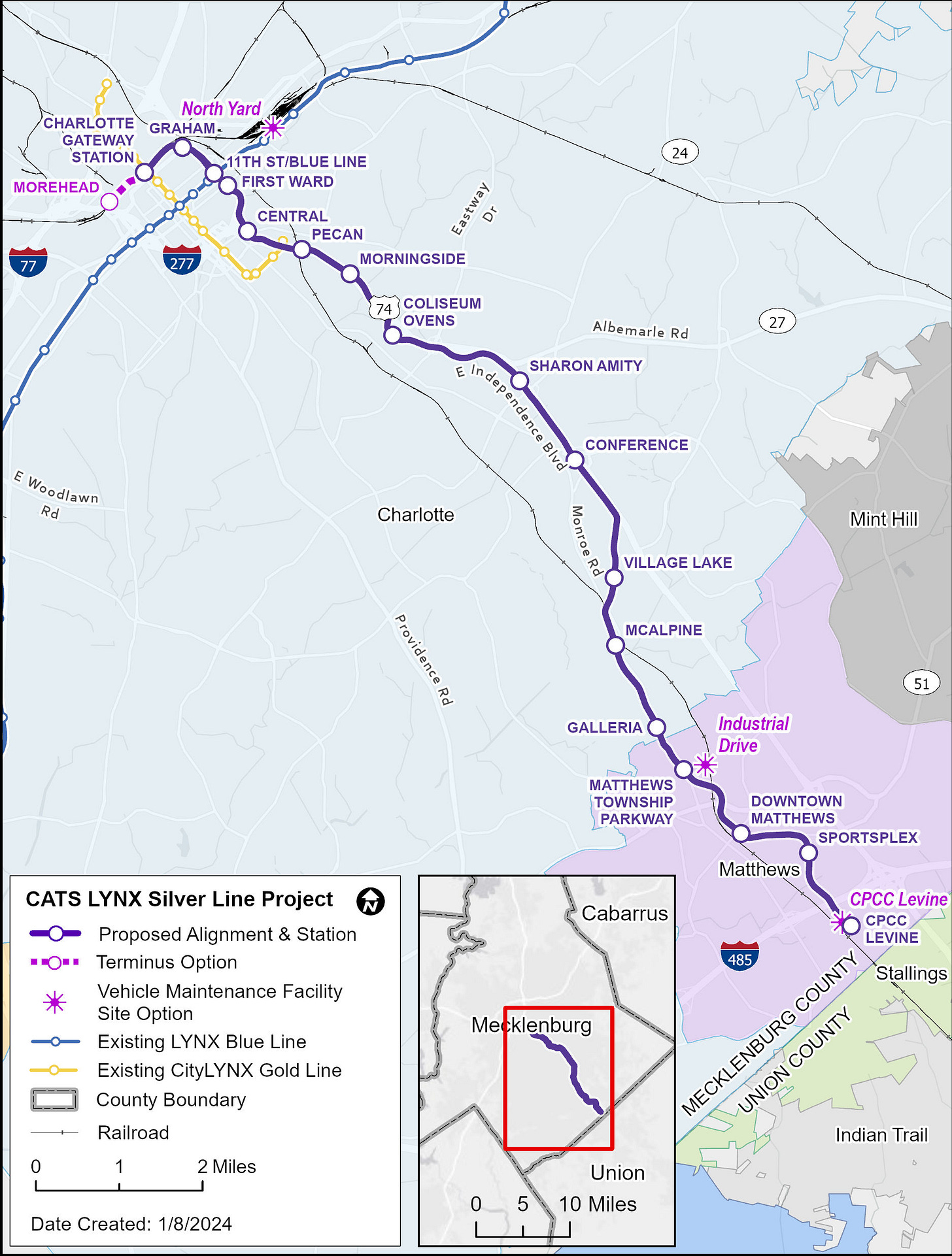 Silver line Project Vicinity map from morehead to CPCC levine