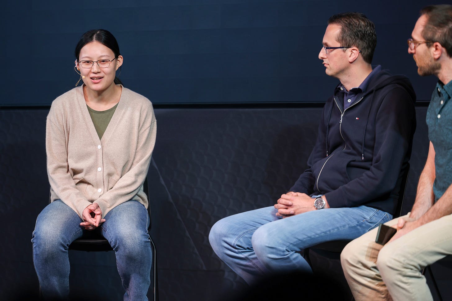 NYU’s He He (Left) on frontier research in AI. Photo by Ben Hider.