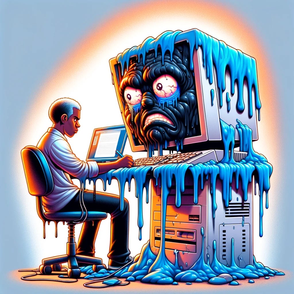 A cartoon-style digital art piece showing a black man sitting at a grotesquely melted-looking computer. The computer has exaggerated anthropomorphic features, appearing disfigured, sad, and as if it's melting, enhancing its grotesque appearance. The man is focused on his writing, contrasting sharply with the computer's dramatic, emotional state. The scene is vibrant and expressive, highlighting the stark contrast between the writer's concentration and the computer's distressing appearance.
