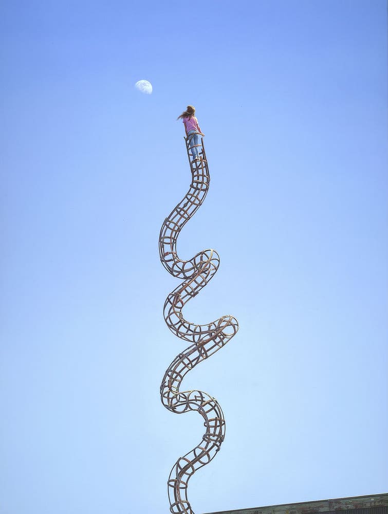 A girl in pink shirt and blue jeans perches atop a hollow framework of metal that snakes upward. Most of the painting is clear atmospheric background as the metal structure twists and turns up into the blue sky, seemingly reaching where the gibbous moon hangs. Ellie has a perfect view propping herself at the top of the structure with arms locked so that her upper body reaches above the support. In the immediate foreground right we get the barest sliver of a rooftop, but it's not clear if the metal structure is supported by it or rises up just beyond it.