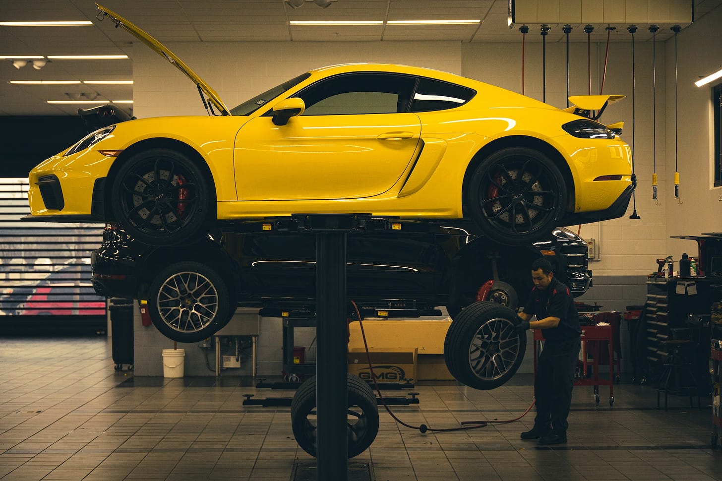 A Porsche in the garage. Run-flat tires are more costly than conventional tires but they are well worth the added cost when it comes to safety.