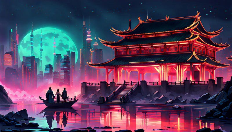 Han Palace, China scene with 3 people in a sampan on the lake, in moonlight