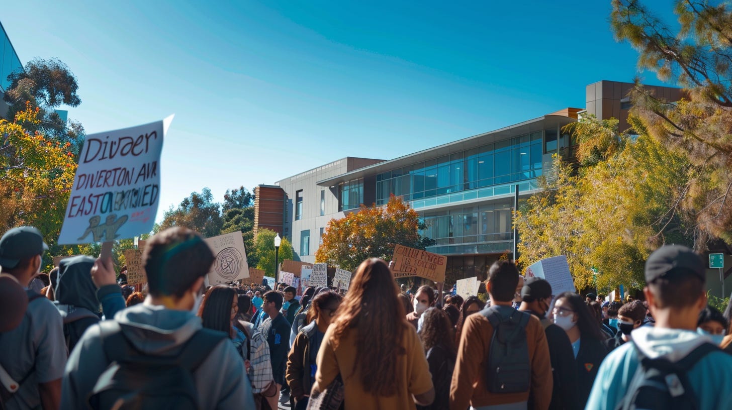 Diverse students protest on a university campus.
