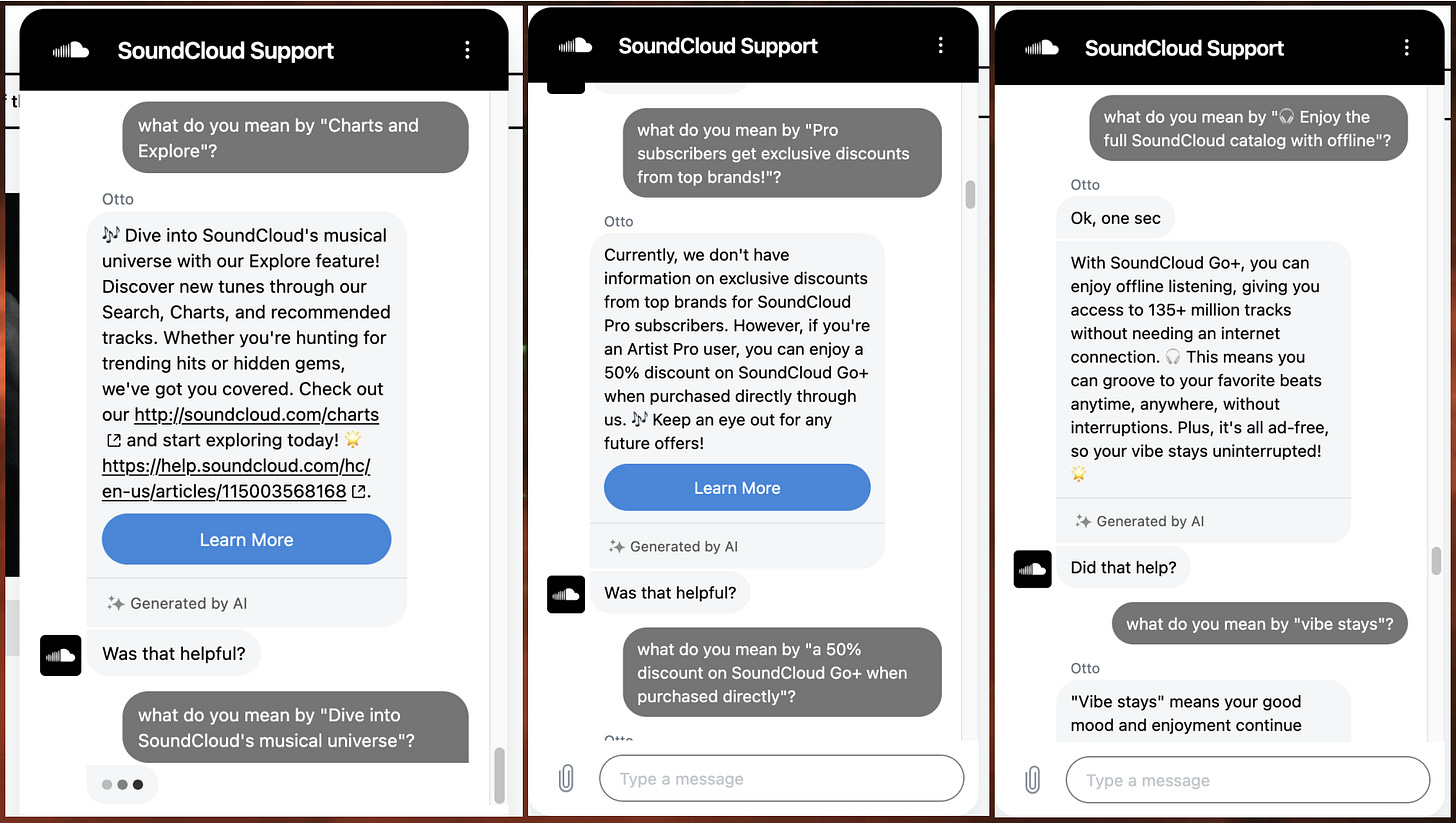 collage of conversations between Soundcloud's "Otto" chatbot and the "what do you mean?" bot