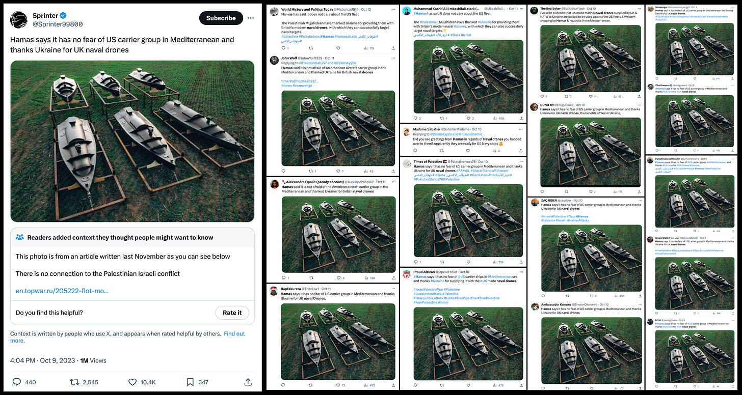 screenshot of a false post with a Community Note and screenshots of multiple posts making the same claim with no Community Notes. Claim: Ukraine is supplying naval drones to Hamas