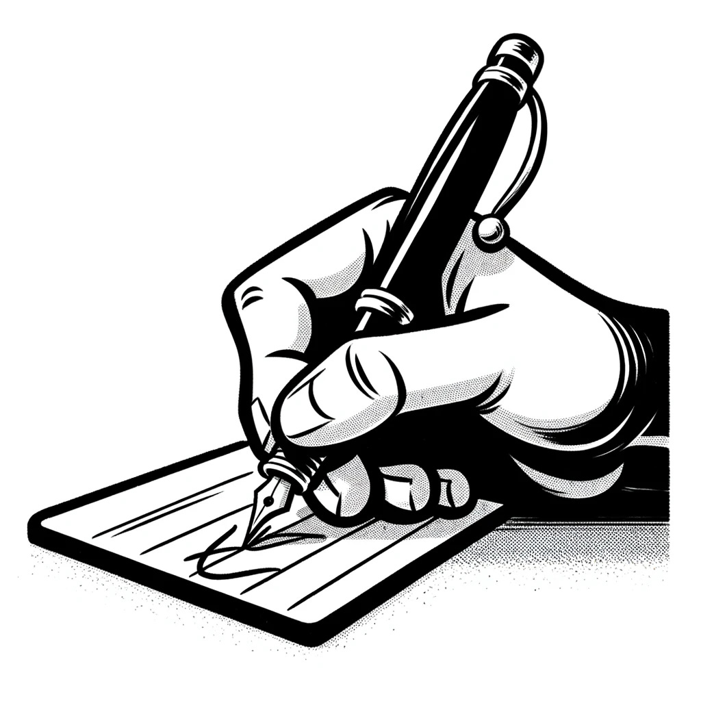 A simple black and white cartoon style drawing of a hand holding a fountain pen, writing on an index card. In this variation, there should be fewer lines and the script-like marks should be minimized to just a couple of lines to convey a sense of brief, concise writing. The hand and pen should remain in a similar style to the previous images, with a focus on the delicate action of writing. The scene should continue to be minimalistic, with clean lines and no background details, emphasizing the hand, pen, and the sparsely written-on index card.