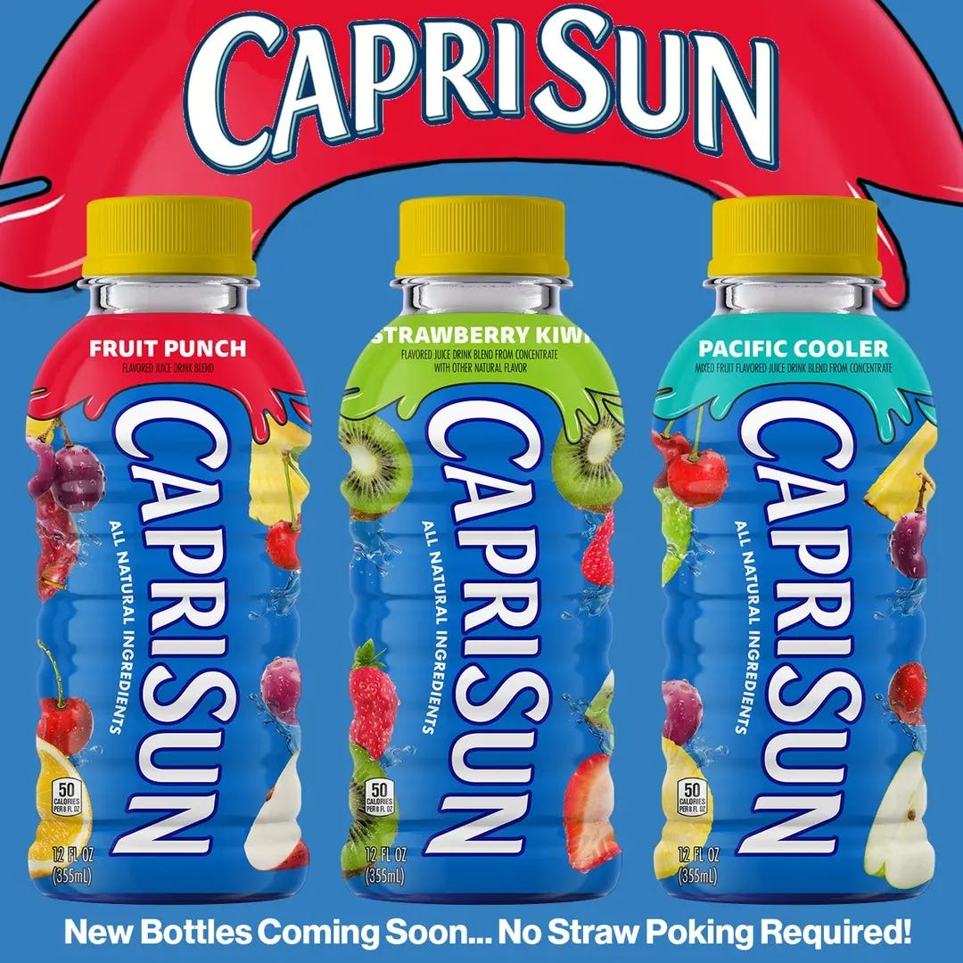 3 bottles, each containing a flavor of Capri Sun