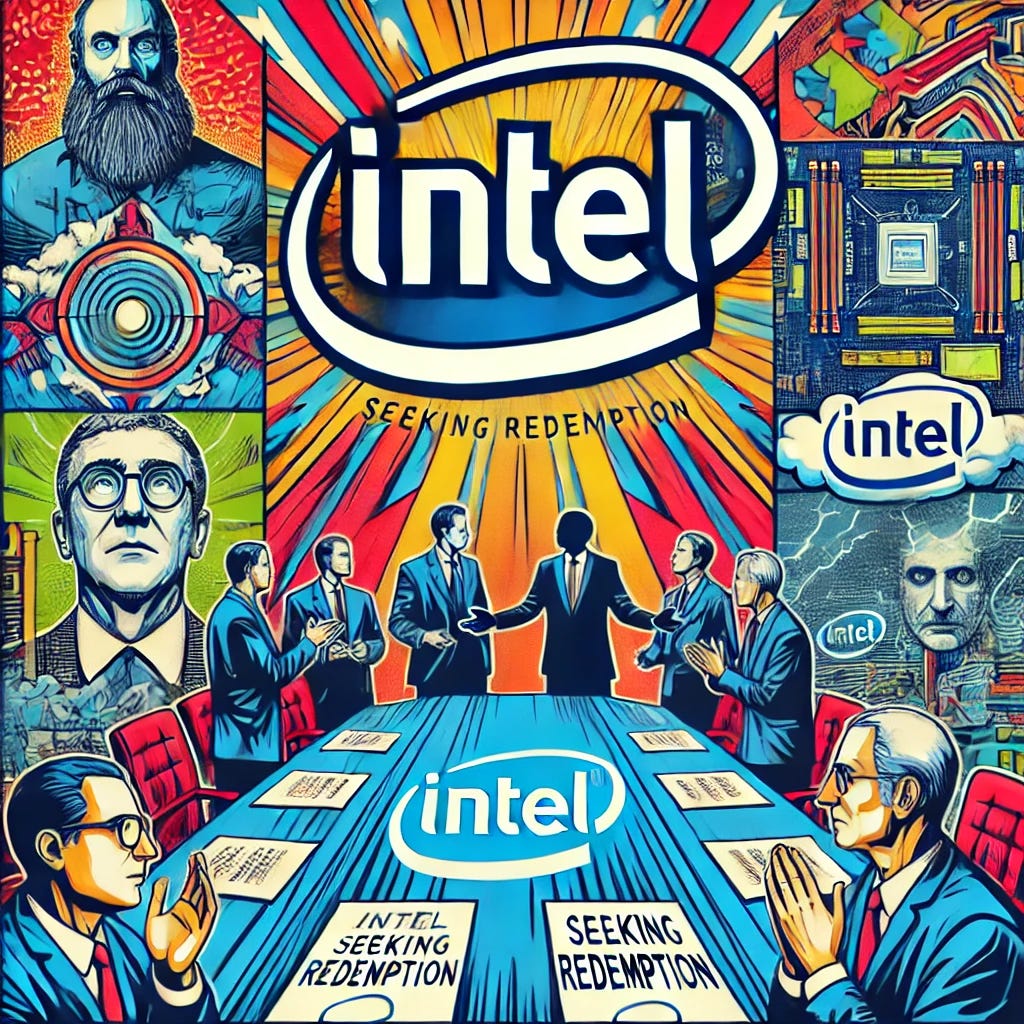 A pop-art style illustration depicting Intel seeking redemption, featuring the Intel logo prominently with symbolic elements of struggle and innovation. The scene includes an abstract representation of directors around a conference table, papers scattered with challenges, and a background showing a mix of futuristic technological designs and stormy skies. Bright, bold colors dominate the scene in a vibrant pop-art aesthetic. The composition should be horizontal and fit a 1920x1080 format.