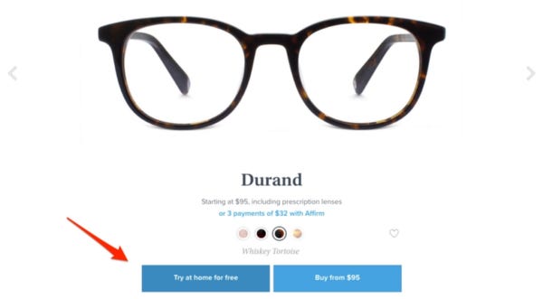 A screenshot of Warby Parker’s landing page.