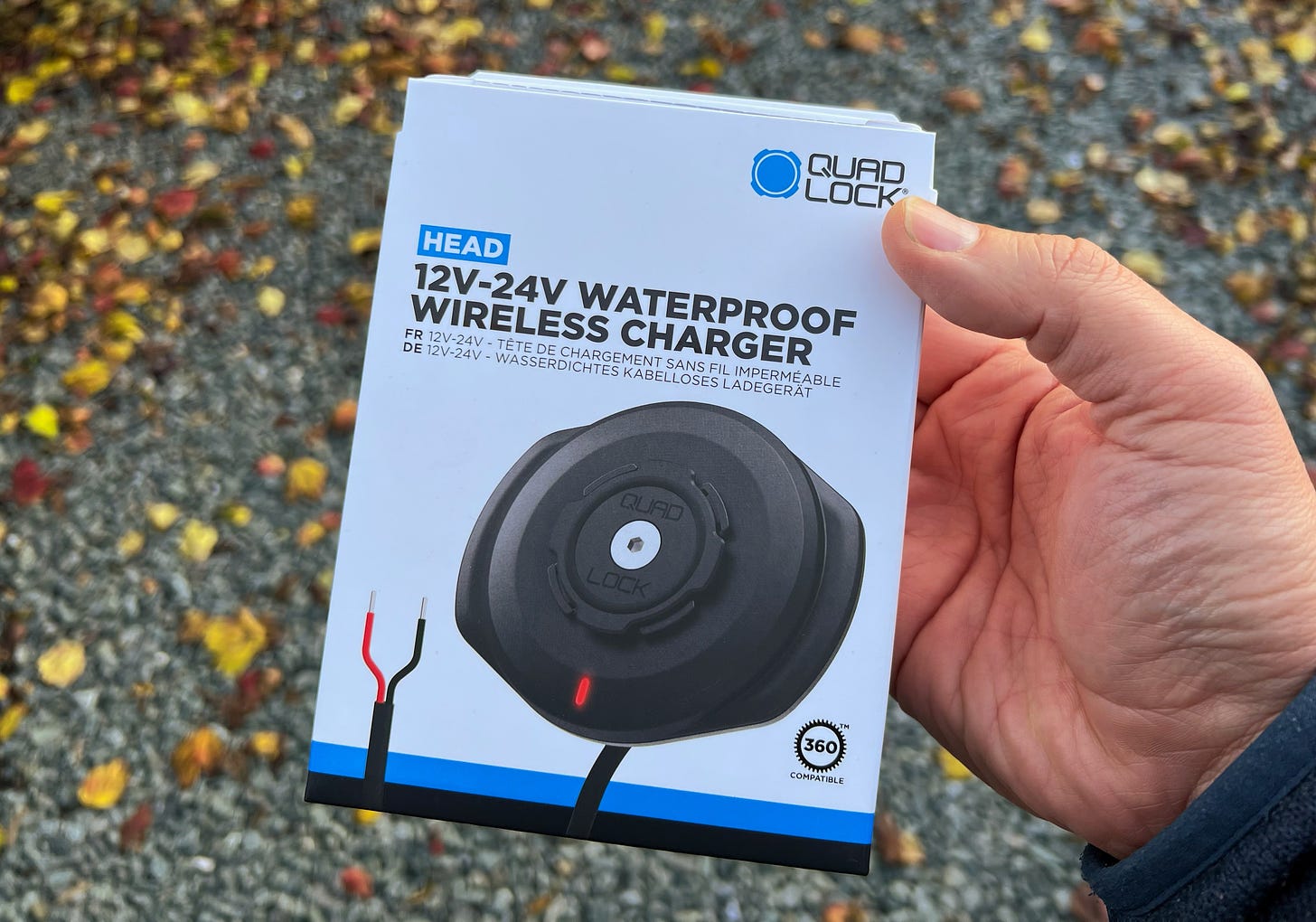 Me holding the box containing the waterproof wireless charger. There are lots of fallen leaves on the ground that I really should clean up.