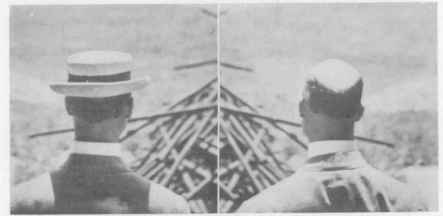 This comprises two black-and-white photographs of a man facing away from the viewer. In one, he is wearing a lightweight summer hat of the early 20thC straw boater style. In the second, he has no hat, and his pattern of baldness is apparent.