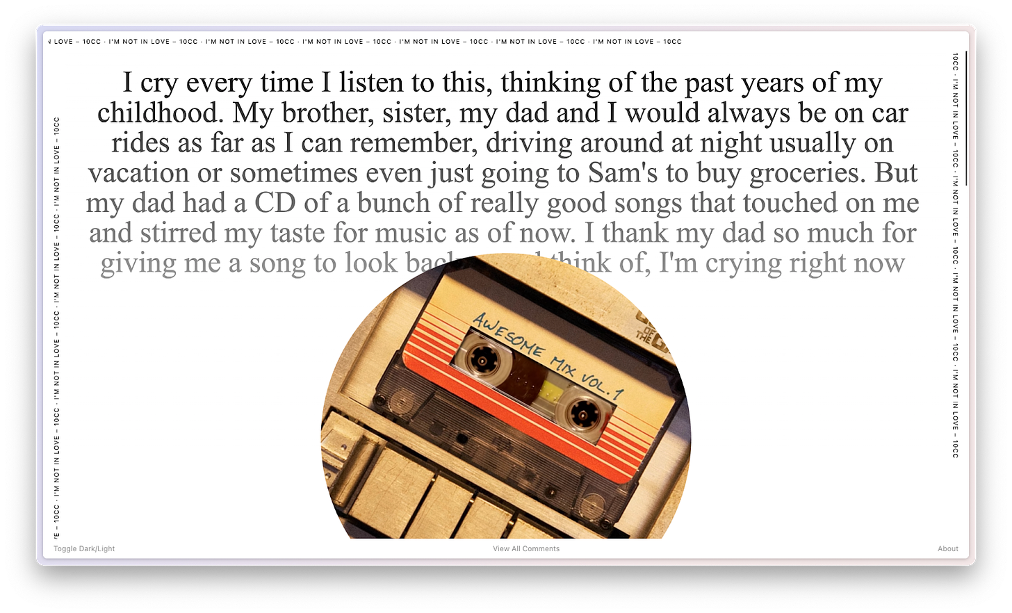 a screenshot of a website with a cassette tape cut into a record-like circle, and a youtube comment that begins "I cry every time I listen to this"