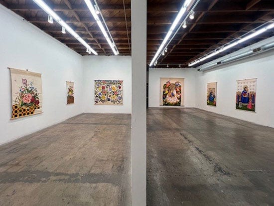 Two rooms of a white walled gallery with bright overhead track lighting and a grey concrete floor have artworks painted on found Art History reproductions and colonial-era classroom maps.