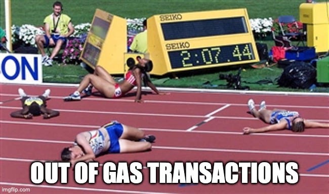 Track Finish Line Tired |  OUT OF GAS TRANSACTIONS | image tagged in track finish line tired | made w/ Imgflip meme maker