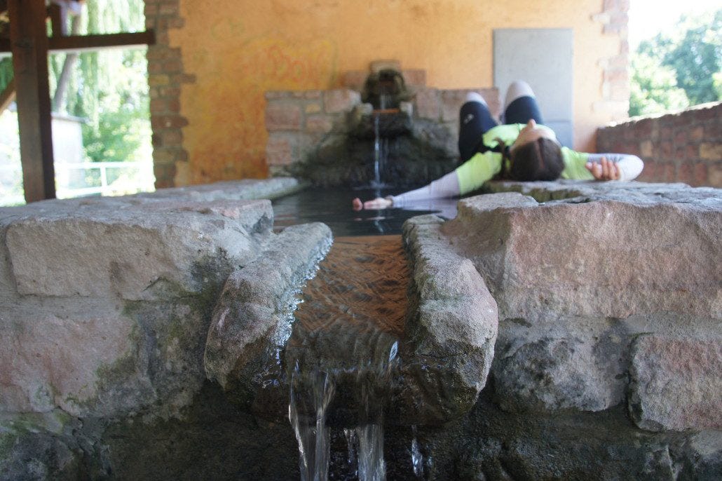 The day-to-day of touring. This wonderful, cool fountain near the Swiss border in France felt delightful.