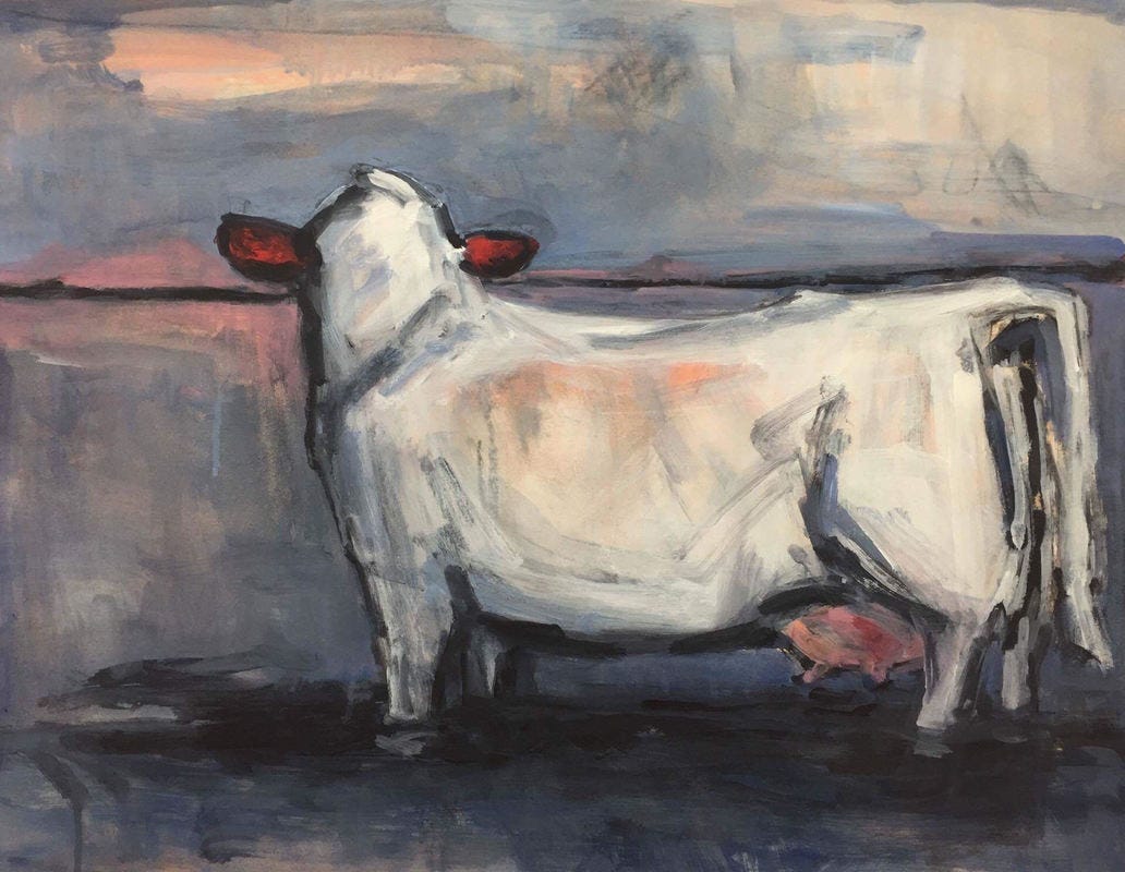 Painting of a white cow with red ears, heavy brush strokes