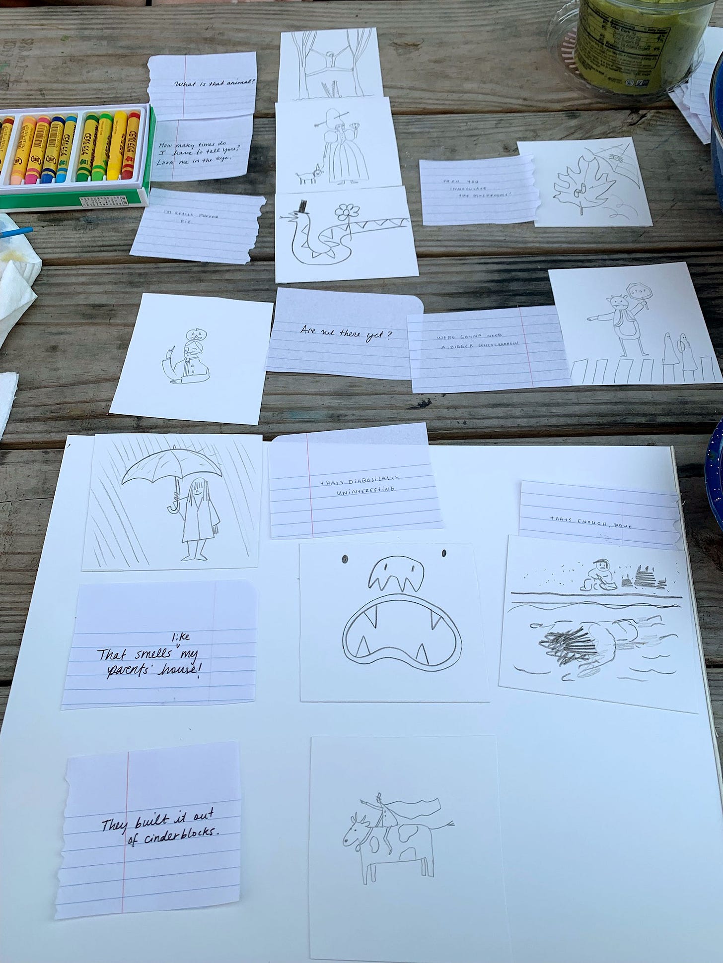 A game of connections for illustrators and writers. Ideation for stories and characters with slips of writings and little drawings Kayla Stark and Vivien Mildenberger