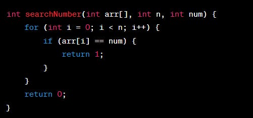 Solution: The function iterates through the given array once to check if the given number num is present. In the worst case, it may have to search through the entire array without finding the number, resulting in a time complexity of O(n). Therefore, the correct option is:  O(n)