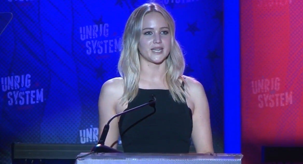 Actress Jennifer Lawrence speaking at the Unrig the System Summit in New Orleans from Feb 2-4, 2018
