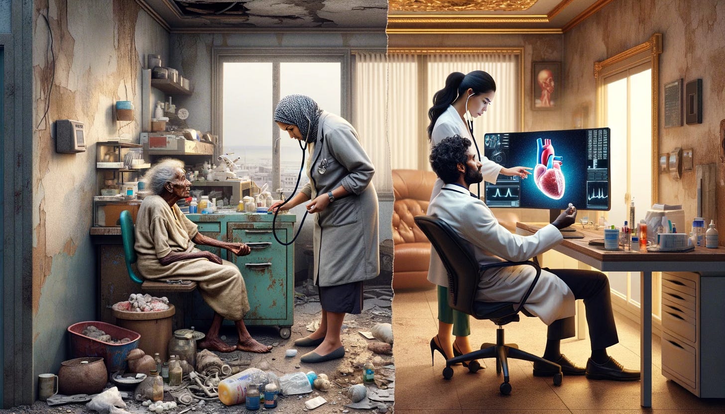 A side-by-side comparison highlighting extreme financial disparity between a general practitioner and a specialist. On the left, the general practitioner is depicted in a very poor and dilapidated clinic setting, with peeling paint and old, worn-out furniture. The environment looks neglected and underfunded. The general practitioner, a Middle-Eastern man, appears tired and overworked, dressed in old, worn-out clothes, consulting with a patient, an elderly Caucasian woman with a simple ailment. On the right, a specialist is shown in a luxurious, high-end medical office. The environment is opulent and immaculately maintained, featuring the latest medical technology. The specialist, a Black woman, is dressed in a designer suit, examining a high-tech 3D model of an organ with a patient, a young Asian man, illustrating the wealth and exclusivity of specialist medical care.