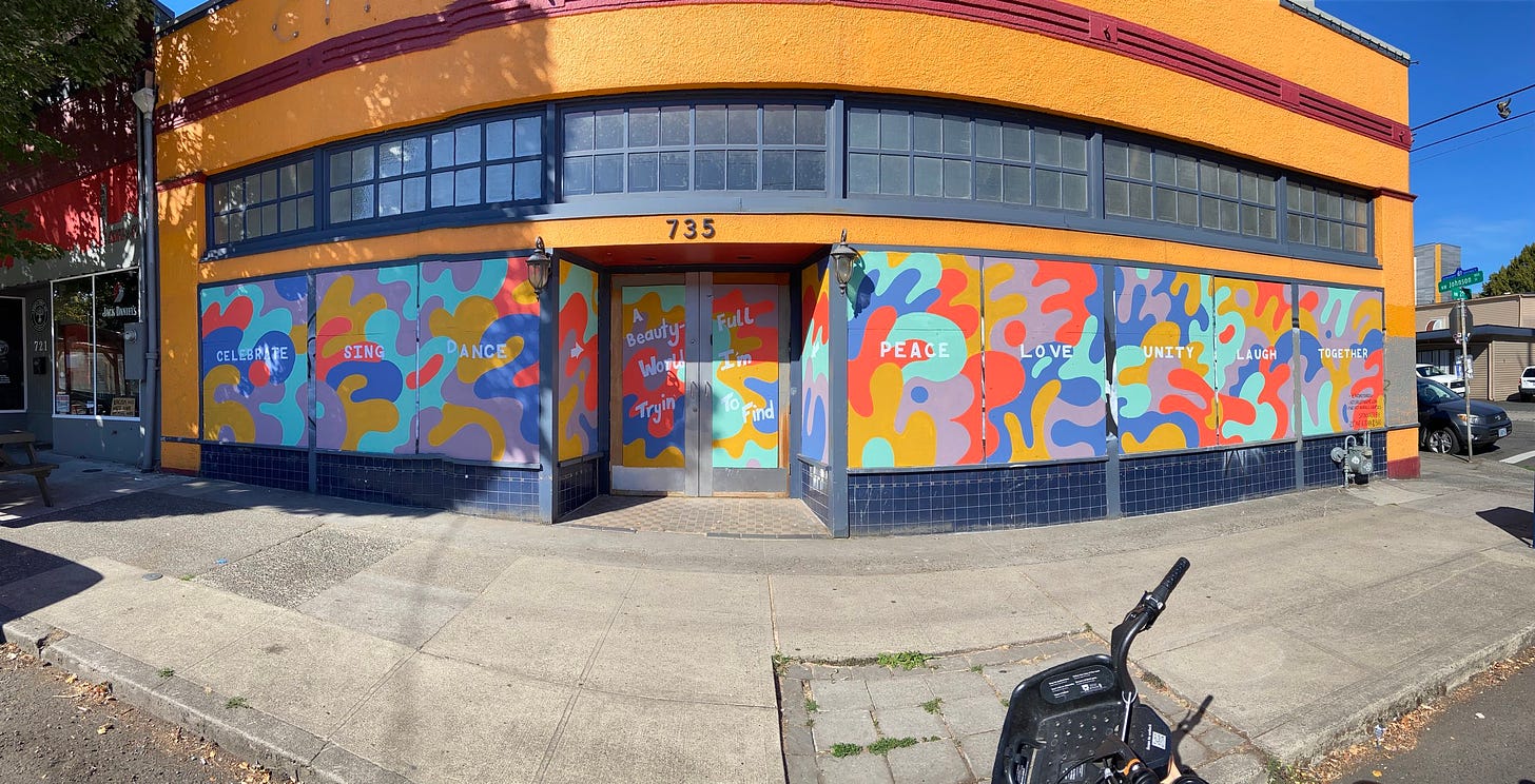 Fisheye wide shot of the mural at Old City Market  in Northwest Portland by Daren Todd.