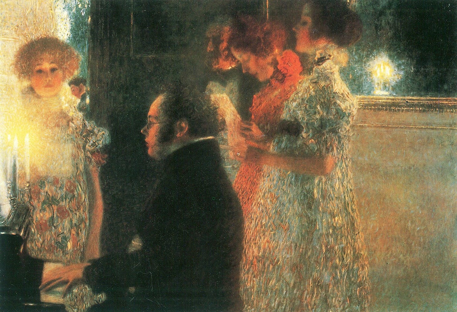Oil painting of a nighttime concert in a lavish home, featuring a man seated at a piano in profile surrounded by five onlookers