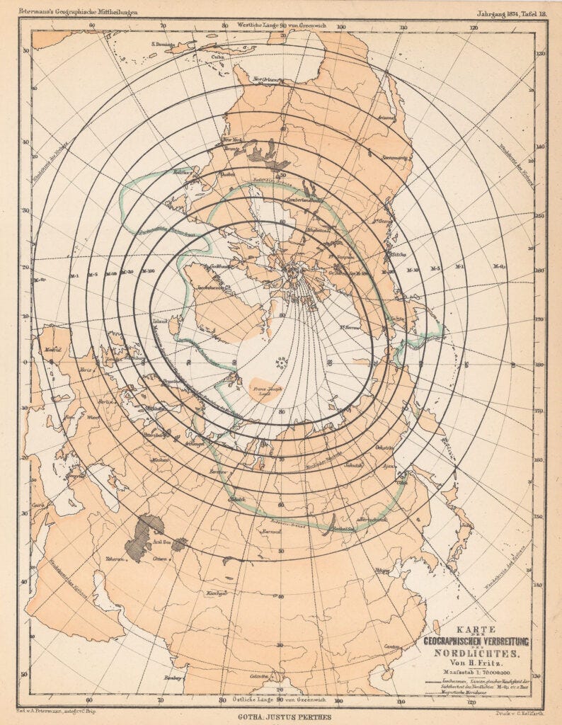 Distribución geográfica de auroras boreales (1874)