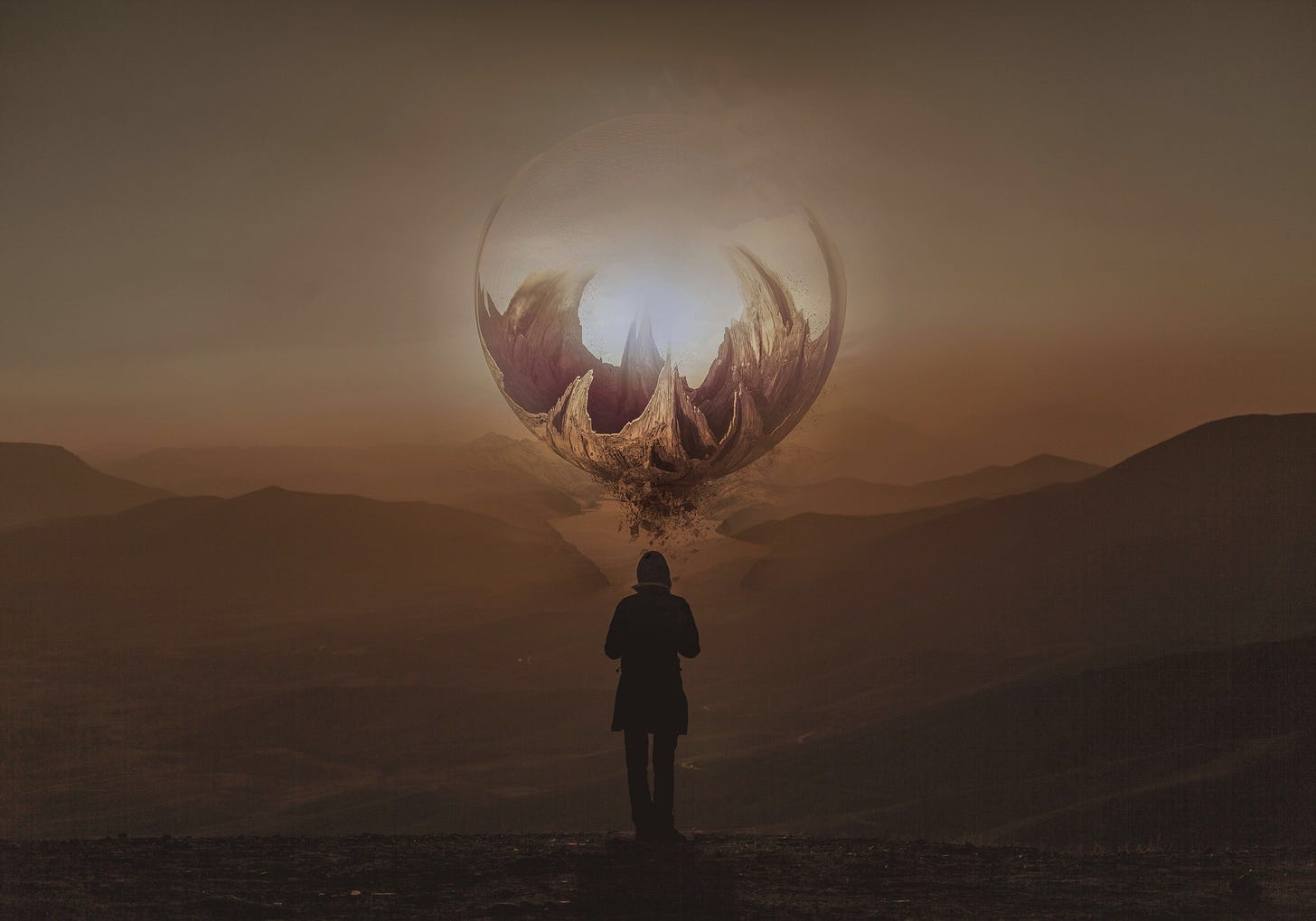 Silhouette of person facing huge fragment of crystal ball hovering over mountains