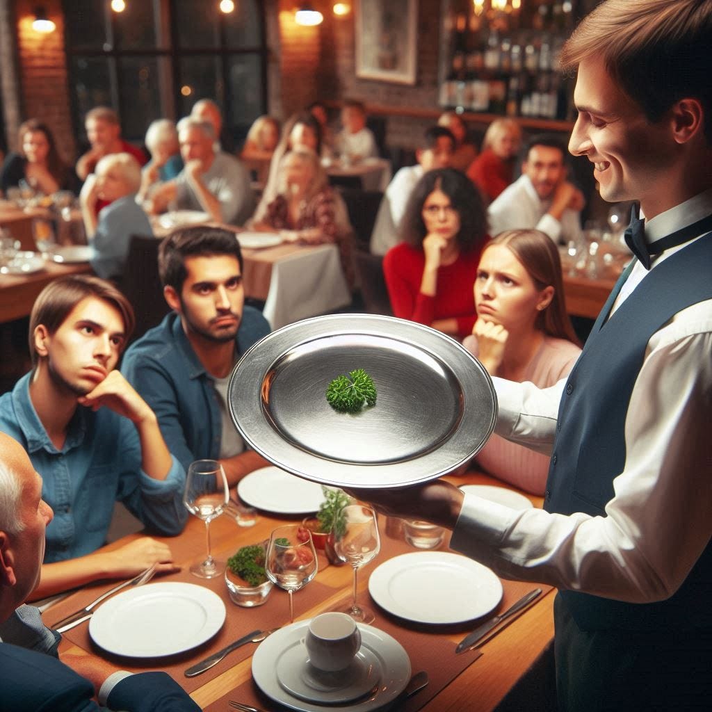 And this imaginary steak is served with a garnish of fresh parsley! A waiter brings out an empty plate to a table of hungry diners.