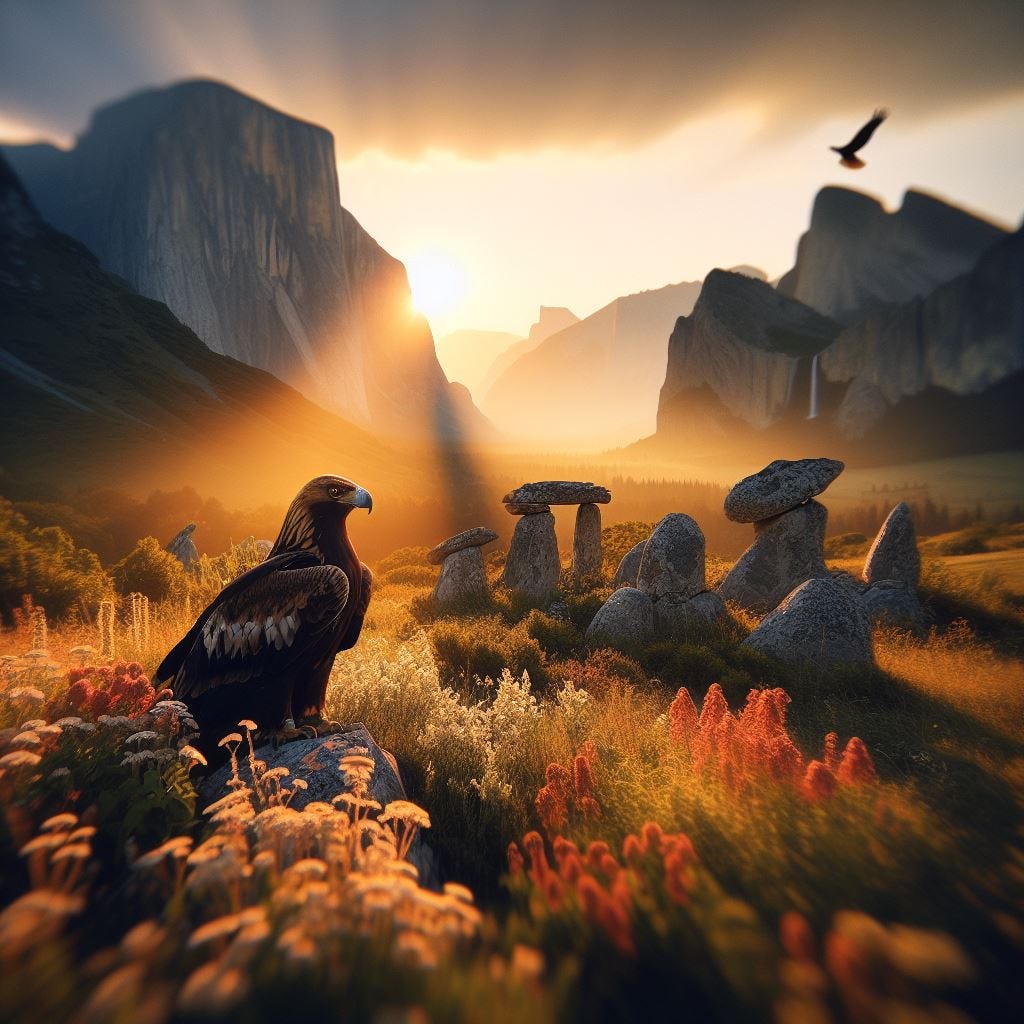 12.	tilt-shift Sunrises:Close up Golden Eagle in foreground. Flora and Fauna in foreground Inland, ancient Crimea towering peaks of Crimean Mountains. lush greenery, with dense forests. Vast distance. Mysterious Dolmens Thermal springs that reverberate infrared heat in an normally colorized photo. Ethereal. Luminescent. 