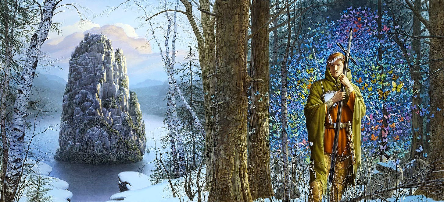 Standing in a wintry forest, a man grips the blade of a smooth black sword that stands hilt up as tall as he is. In a kaleidoscope of thousands of wings, butterflies burst through the woods behind him. Dour faced, Simon is wrapped plainly in heavy green cloak. A snowy lock set in red hair sweeps wide across his forehead. The channel of a scar meanders down from his temple following the curve of his cheek all the way to his jaw. He clutches a white arrow and silver hand mirror in the crook of his arm. Set opposite panel left, the forest opens to a serene view of a lake. Framed by birch trees, a tall cool stone rises from the water. Barely perceptible, a castle sits at the top. The shape of the stone implies an open hand in its gray outline. Evergreens line tiered ridges, arching low on the rock to suggest a bearded face.