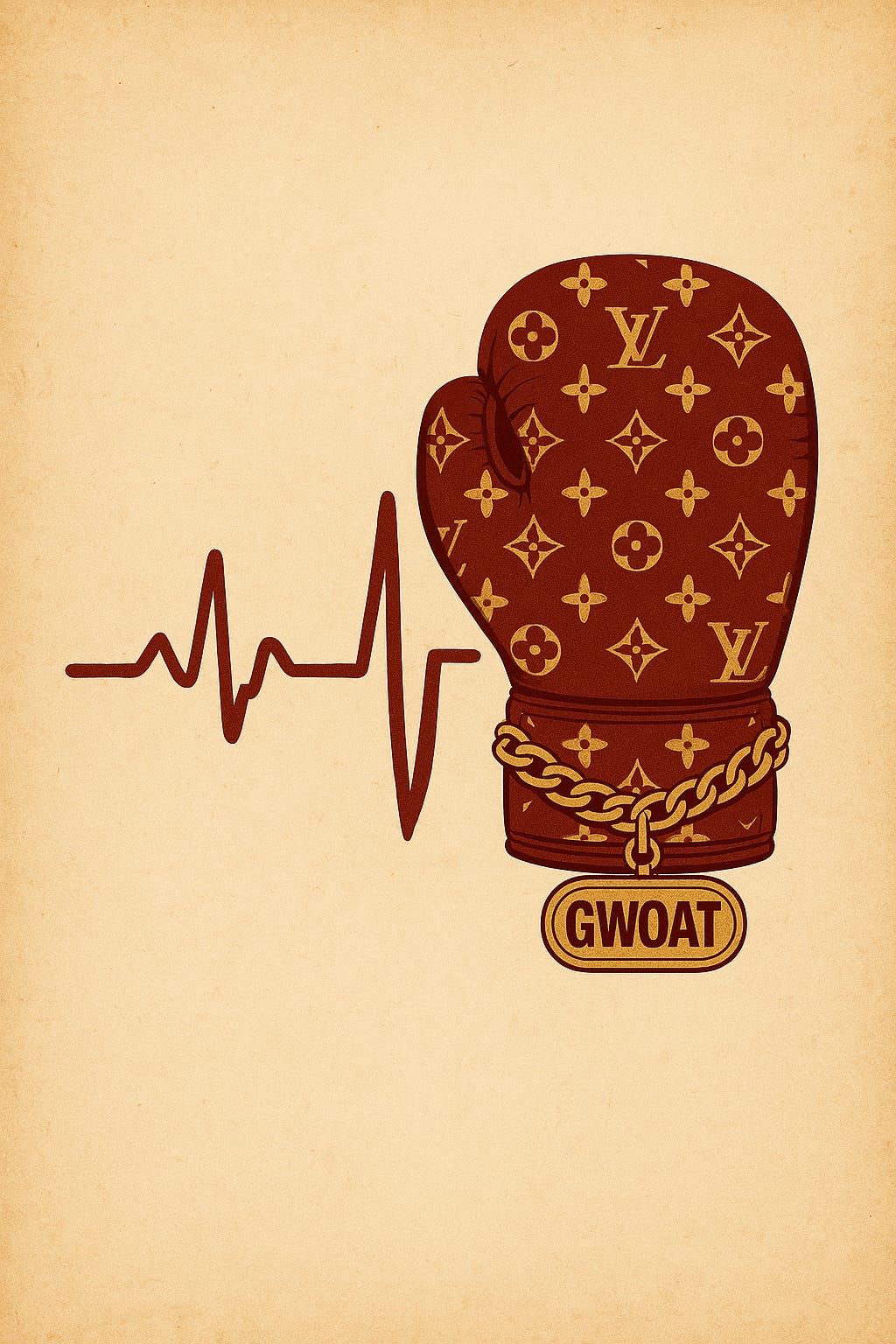 Heartbeat monitor lines and a Louis Vutton printed gloving glove with a chain that says GWOAT around it.